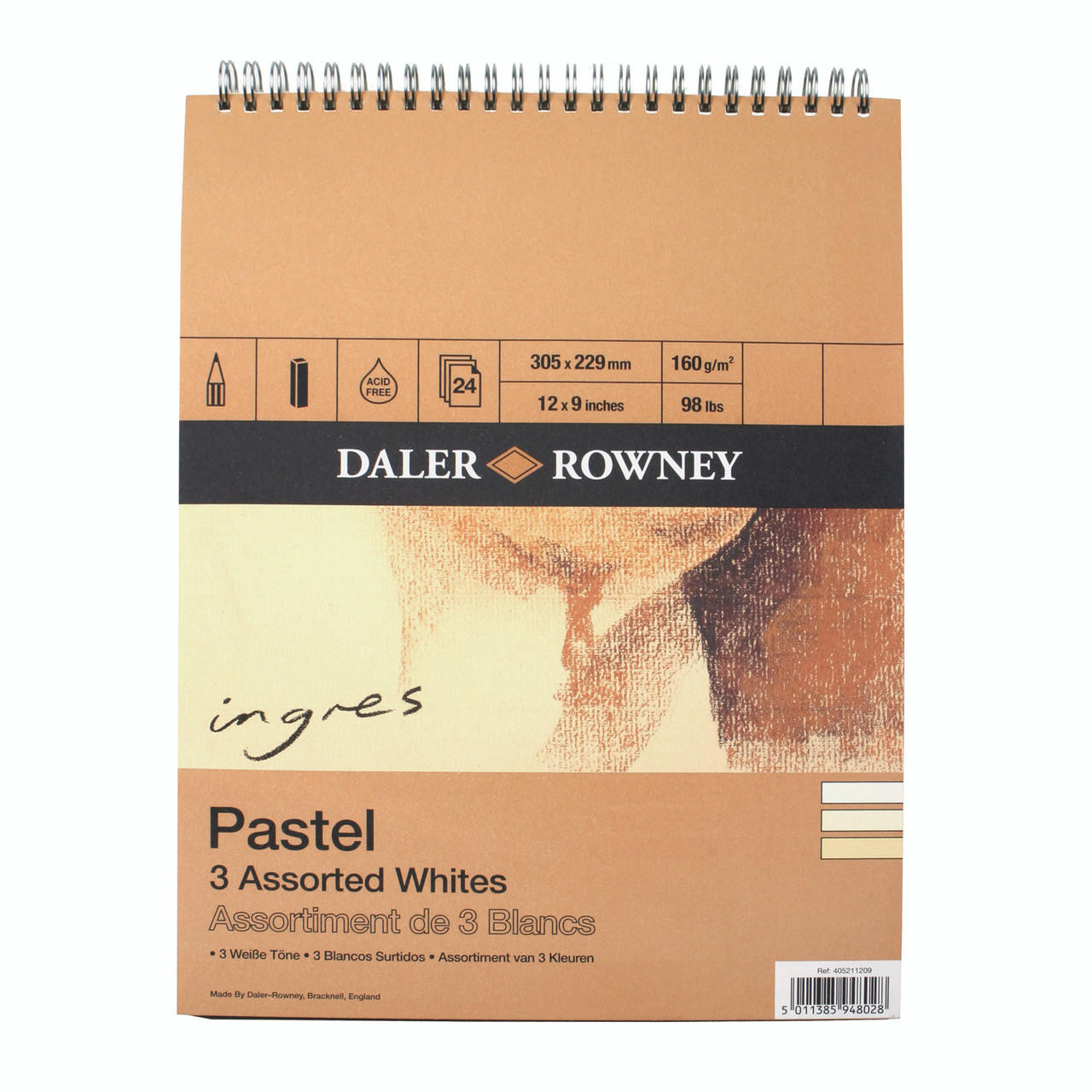Daler Rowney Ingres Spiral Pastel Pad 150gsm 24 sheets 3 Assorted Whites 12x9 inches
