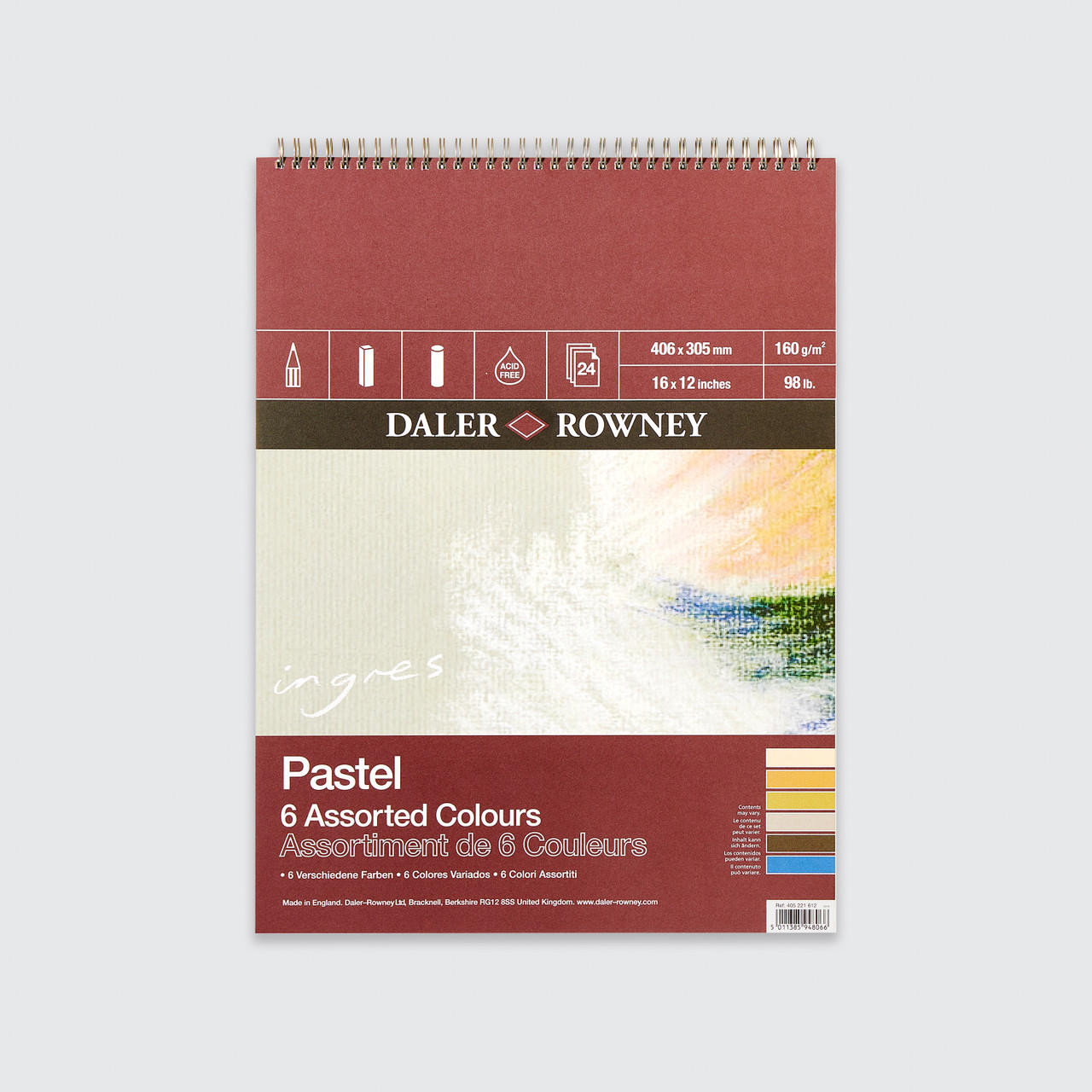Daler Rowney Ingres Spiral Pastel Pad 150gsm 24 sheets 6 Assorted Colours 16x12 inches
