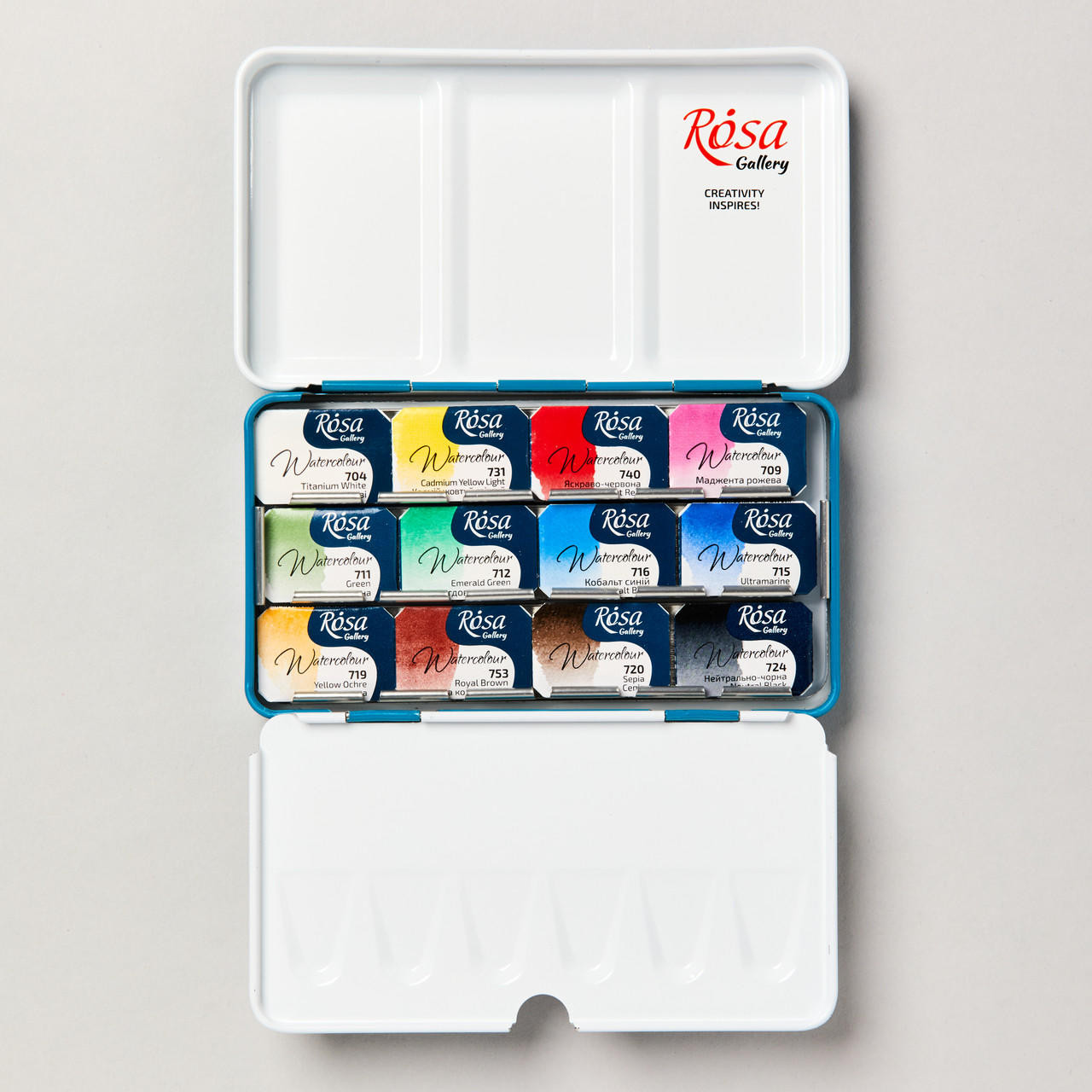 Rosa Gallery Rosa Urban Sketching Watercolour in Turquoise Metal Case Full Pan Assorted Colours Set of 12
