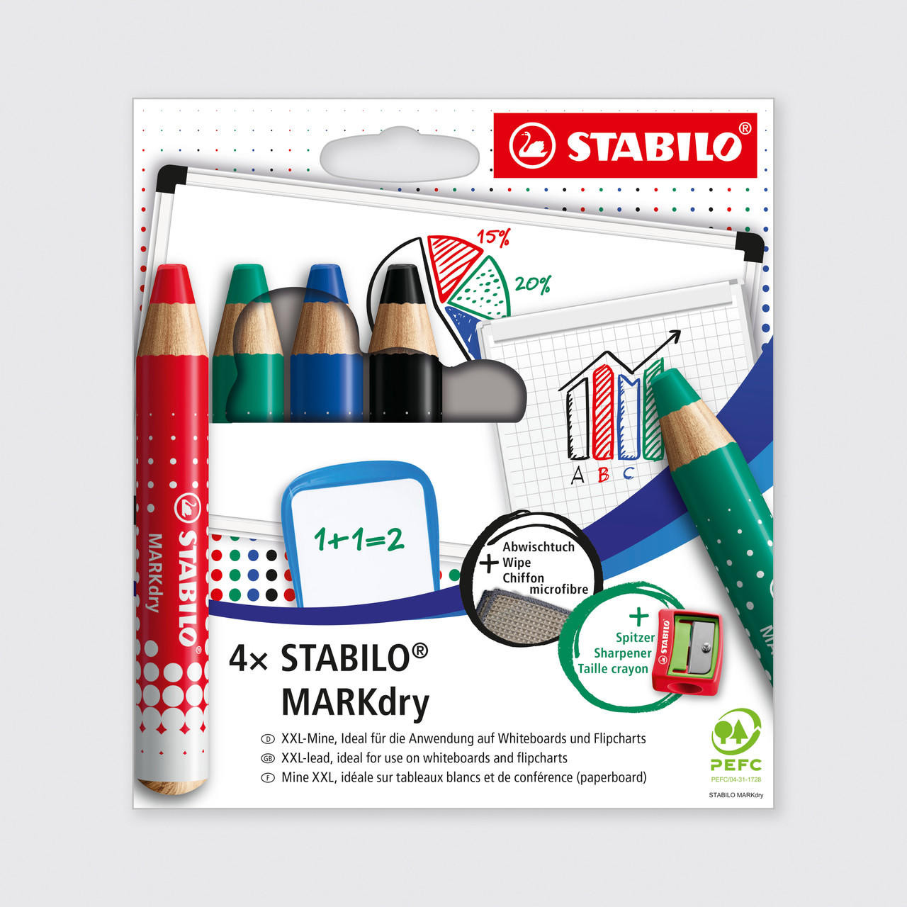 STABILO MARKdry Whiteboard Pencils with Sharpener and Wiping Cloth Assorted Colours Set of 4