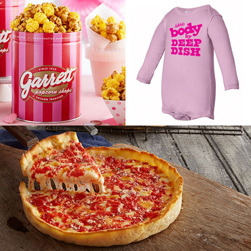 Garrett Popcorn Petite Pink Tin, Pink Onesie, & 1 Lou's Pizza