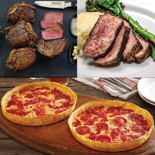 2 Gibsons 14oz. GGA New York Strips, 2 Gibsons 12oz. GGA Bone-In Filets & 2 Lou's Pizzas