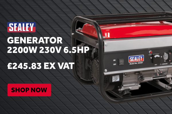 promotional slide showing the sealey generator 2200w 230v 6.5hp product