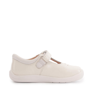 Puzzle, White patent girls rip-tape T-bar first walking shoes