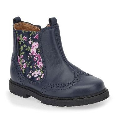 Chelsea, Navy blue leather/floral girls zip-up ankle boots