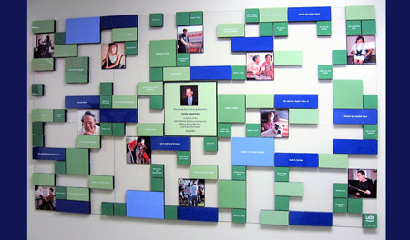 Colorful, metal-faced blocks are attached to acrylic panels for easy wall mounting. Multiple panel sizing designates levels of giving and additional donors can be added onto blank plates.