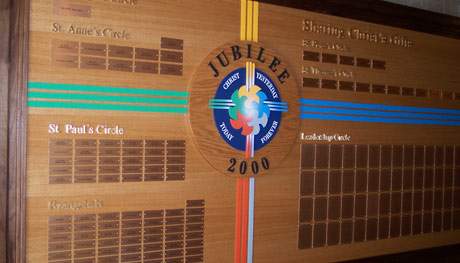 Red oak panel with walnut frame displays levels of giving on varous-sized brass plates. Lettering crafted in dimensional brass and logo in dimensional acrylic, airbrushed with church campaign colors.