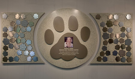 Donors and level of giving are recognized with laser-cut dog paws, in colors of gold, silver and bronze, along with a large, engraved and color-filled paw in the center that includes a sublimated photograph.