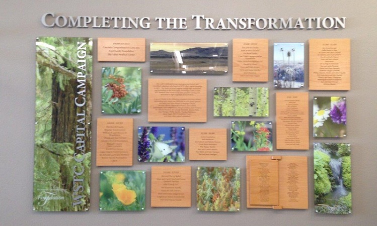 Acrylic panels with colorful photographic images, mixed with engraved wood plaques denoting donor levels and names, display includes laser cut letters applied to large panel and wall.