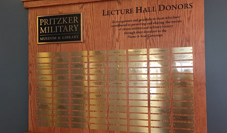 Classic display includes cast bronze plaque attached to an oak panel with engraved copy and engraved brass plates with donor names, empty nameplates can be engraved as donors are added.