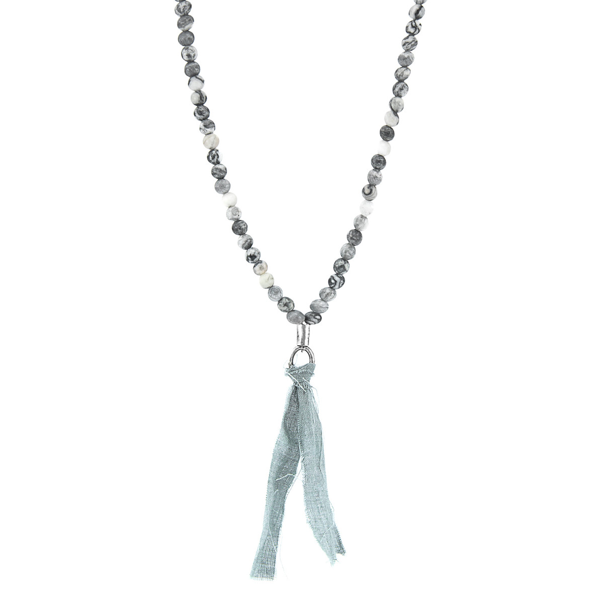 Grey Jasper Luke Silver Stone and Cotton Voile SKINNY Necklace x Wrap Bracelet
