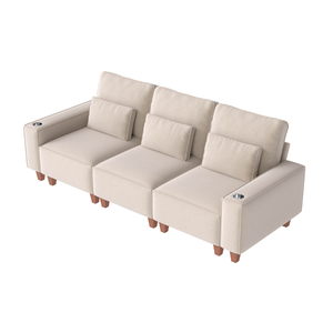 Beige Chenille Deep Seat 3-Seater Sofa with Brushed Stainless Steel Cup Holders and 3 Decorative Pillows