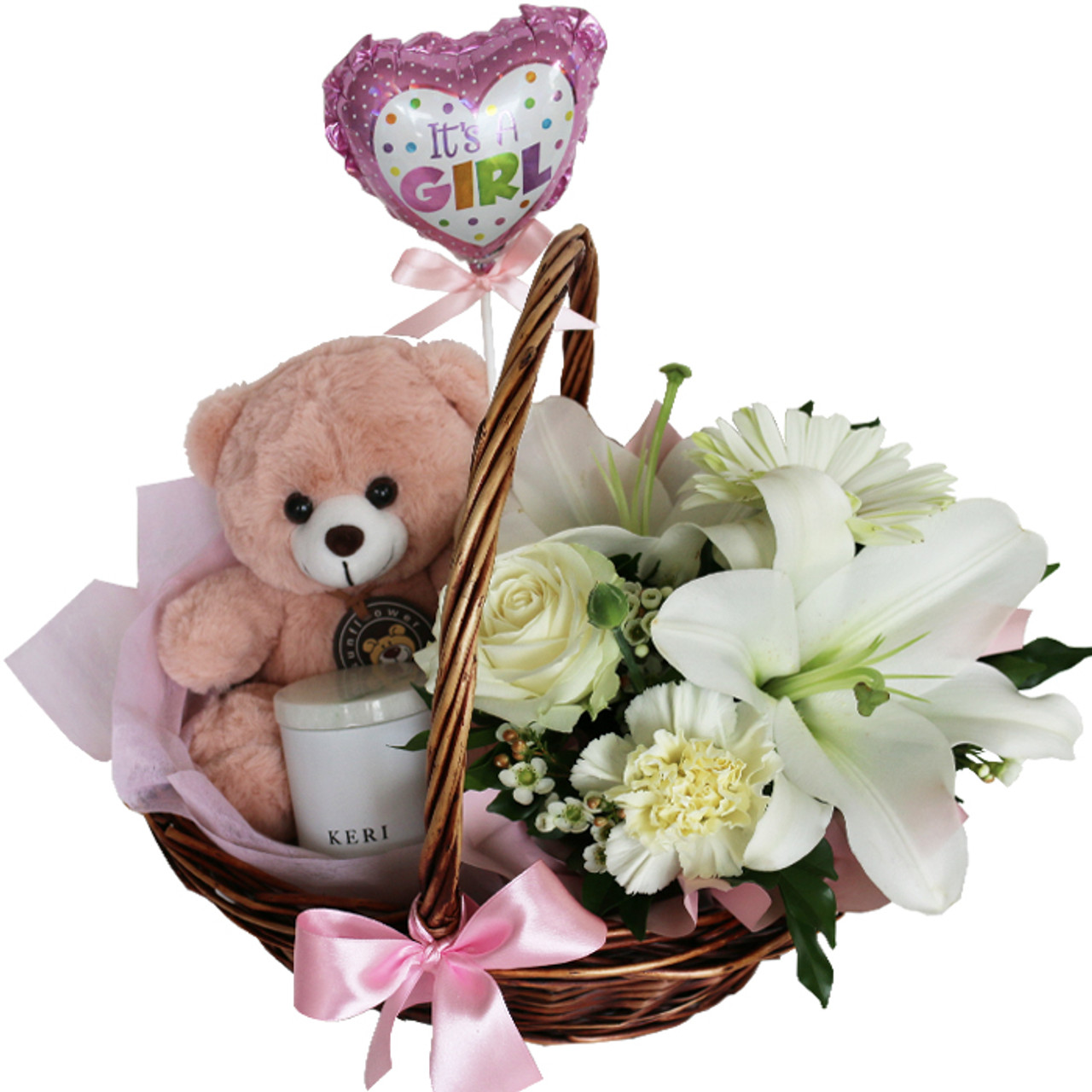 Baby Flower Basket With Candle Pink Teddy And Balloon For Gold Coast Delivery