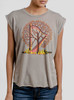 Tree Harp - Multicolor on Heather Stone Women's Rolled Cuff T-Shirt