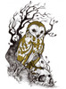 Owl and Skull - Multicolor on Heather White and Black Triblend Womens Raglan