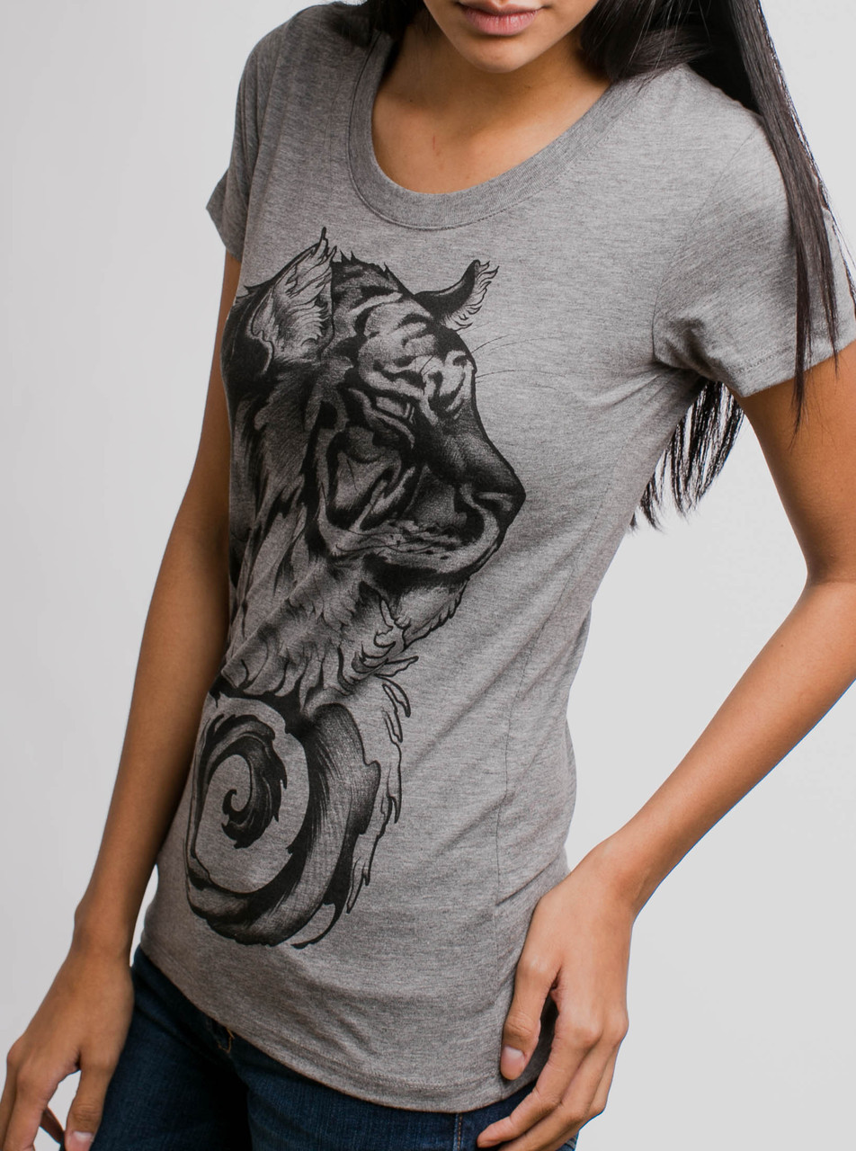 Siberian Tiger - Black on Heather Grey Triblend Junior Womens T-Shirt ...