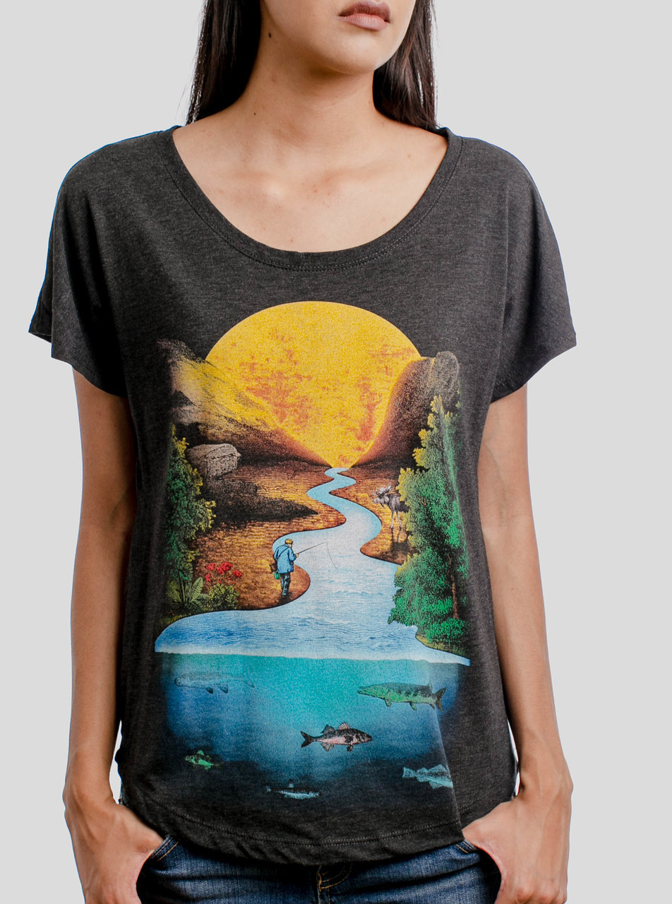 Gone Fishing - Multicolor on Heather Black Triblend Womens Dolman T Shirt -  Curbside Clothing