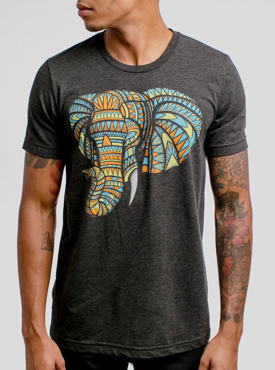Elephant Multicolor on Heather Black Triblend Mens T Shirt Curbside