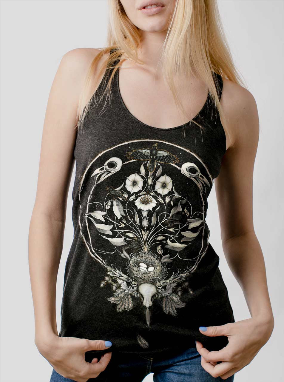 Marisa Aragón Ware The Raven's Drum - Multicolor on Heather Black Triblend Womens Racerback Tank Top