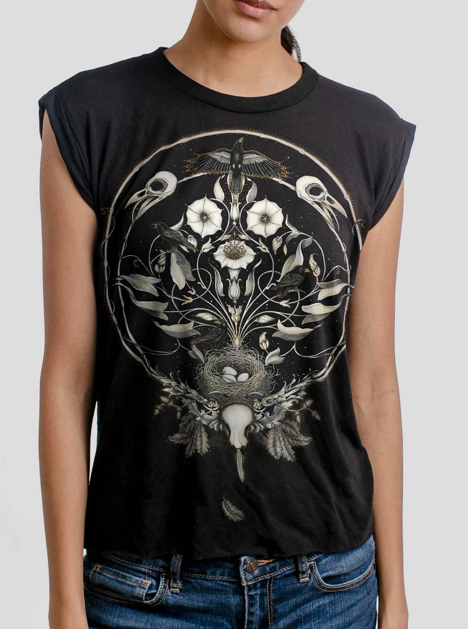 The Raven's Drum - Multicolor on Black Women's Rolled Cuff T-Shirt