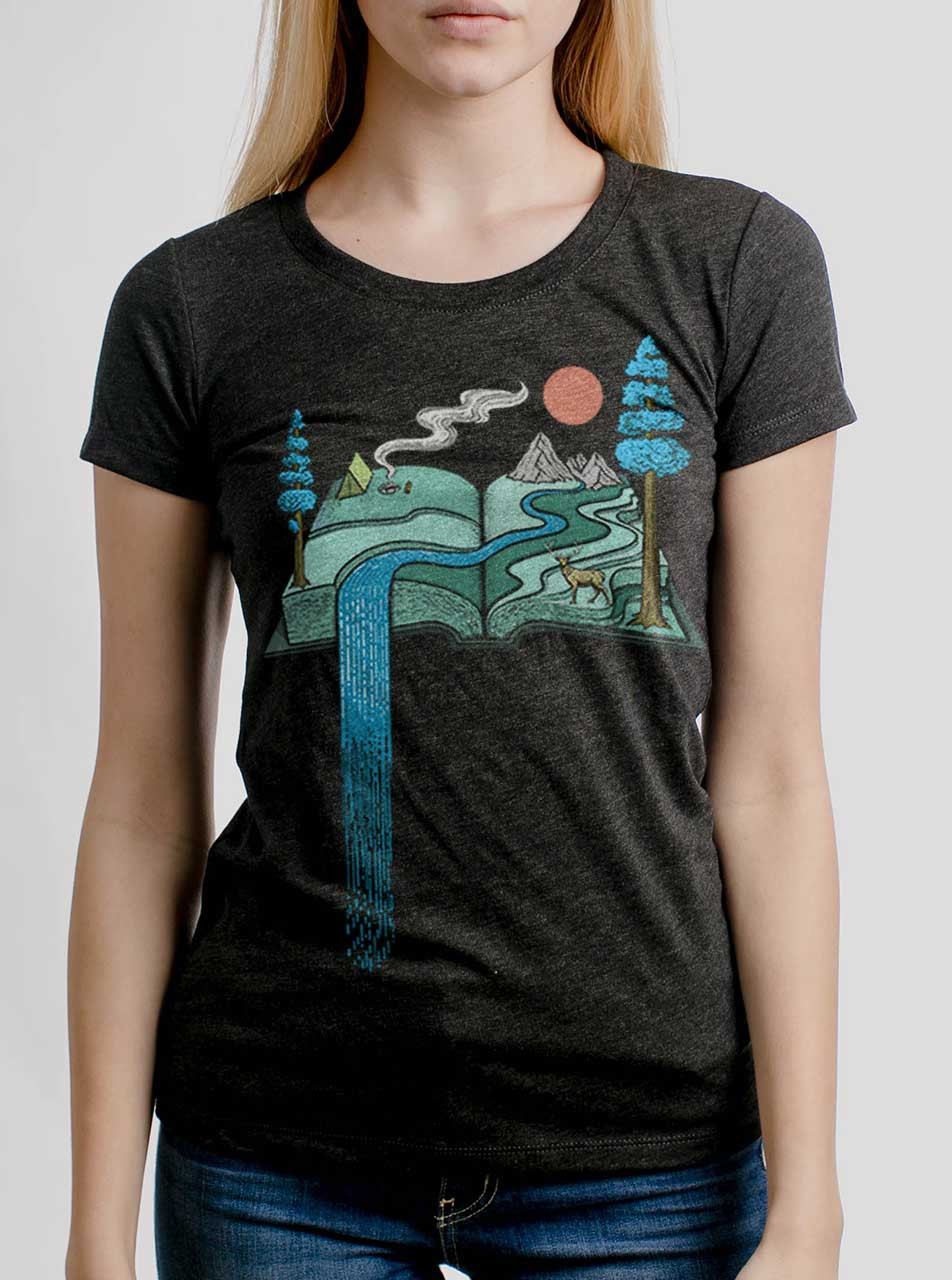 Story Book - Multicolor on Heather Black Triblend Junior Womens T-Shirt ...