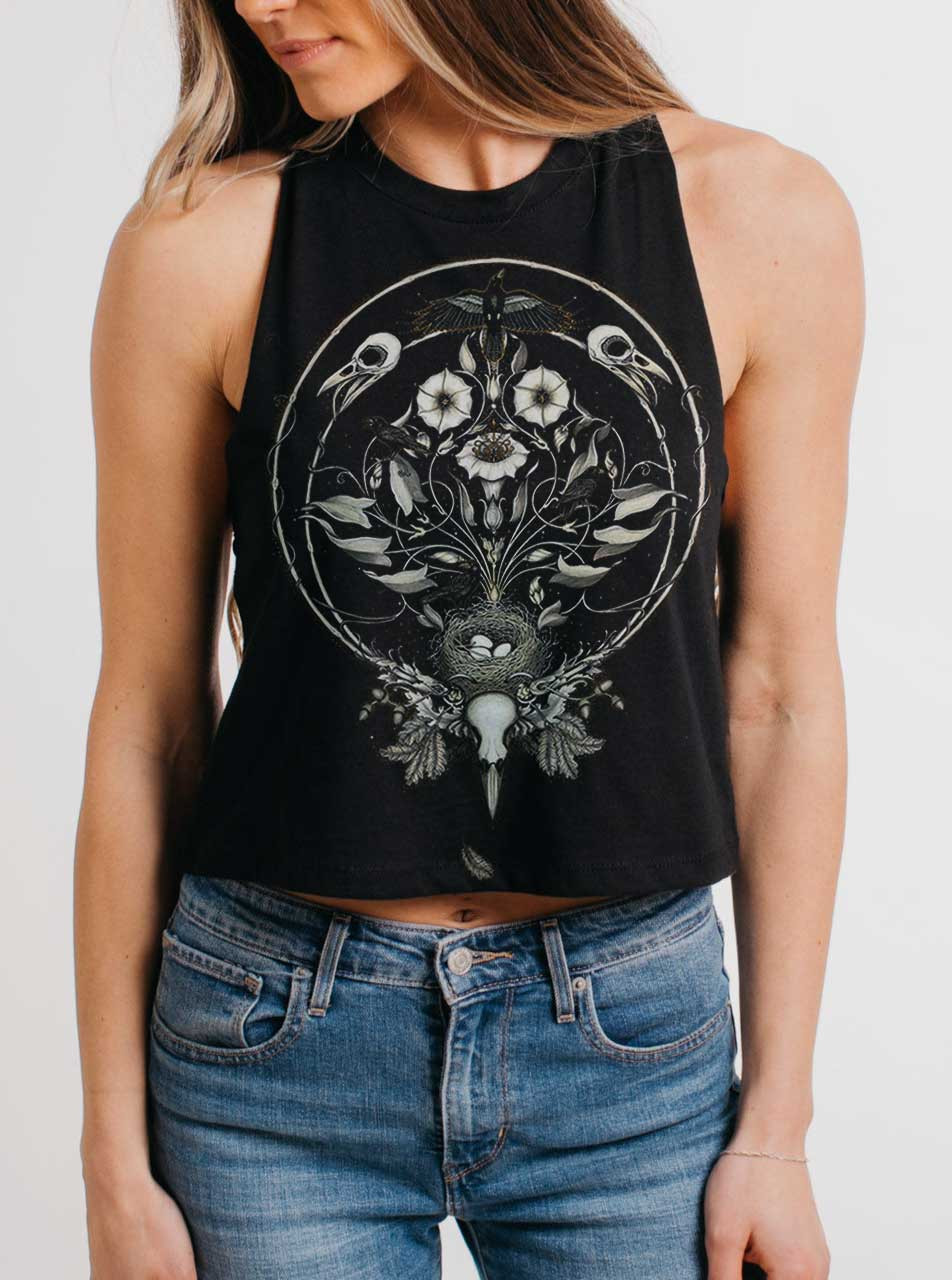 The Ravens Drum - Multicolor on Black Womens Cropped Racerback Tank ...
