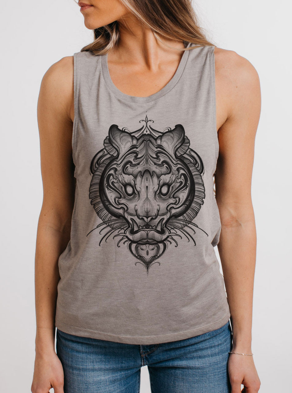 Big Cat - Multicolor on Heather Stone Womens Muscle Tank - Curbside Clothing