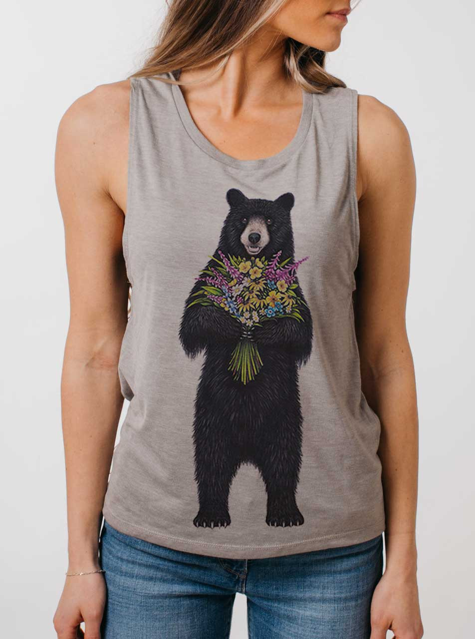 Bear Flowers - Multicolor on Heather Stone Womens Muscle Tank