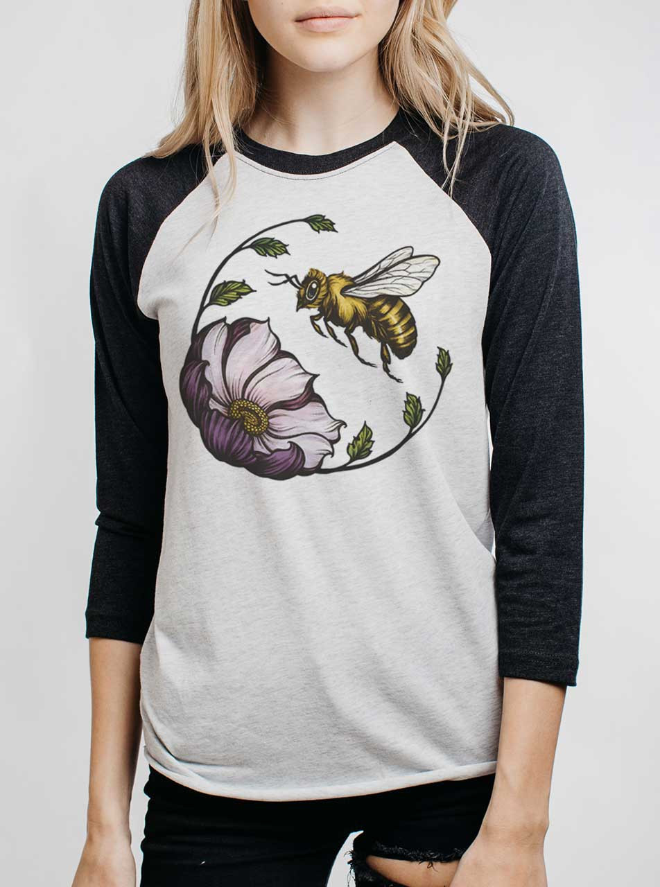 Bee and Flower - Multicolor on Heather White and Black Triblend Womens  Raglan - Curbside Clothing