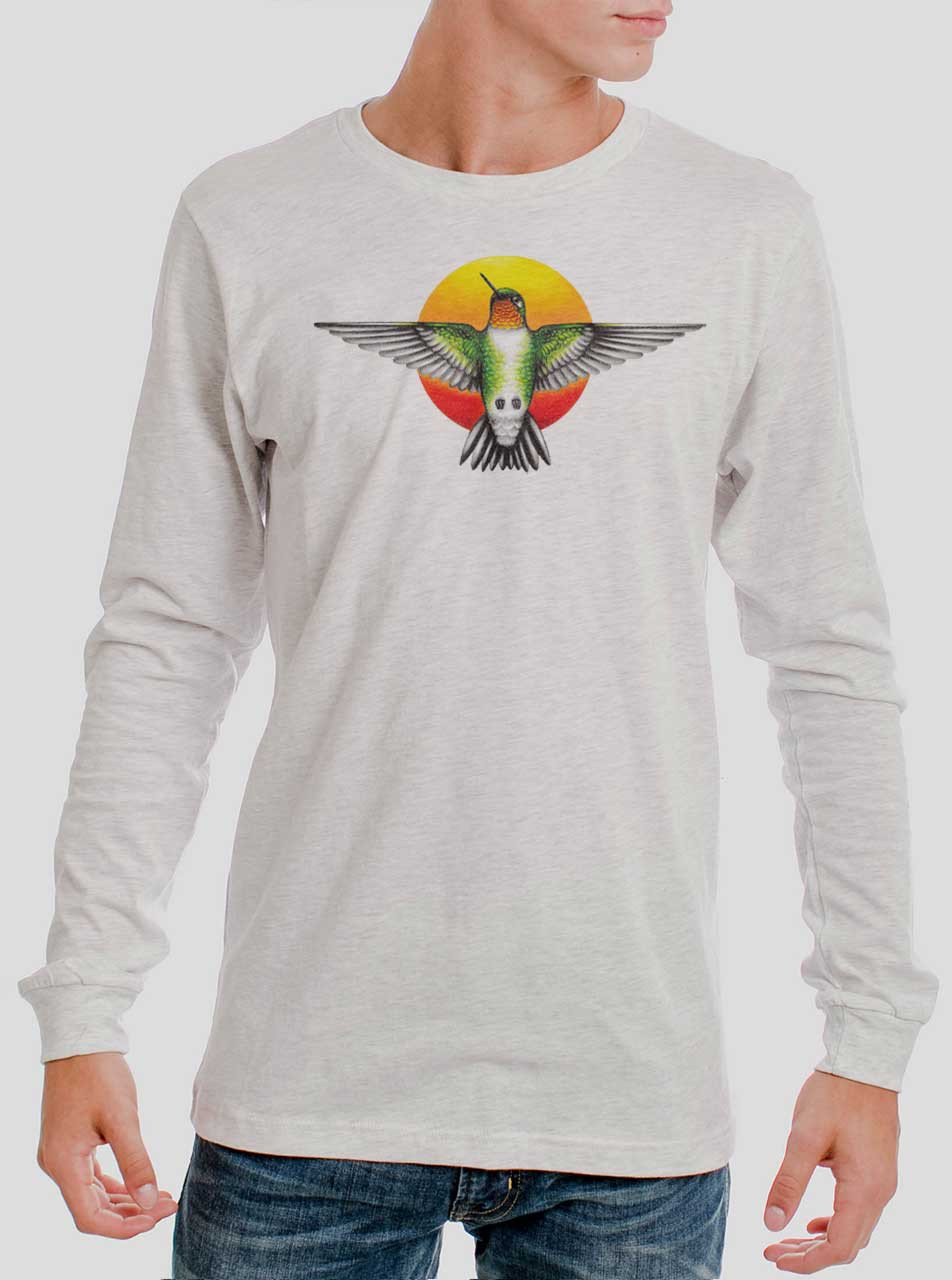 Hummingbird Sunset Multicolor on Heather White Men's Long Sleeve