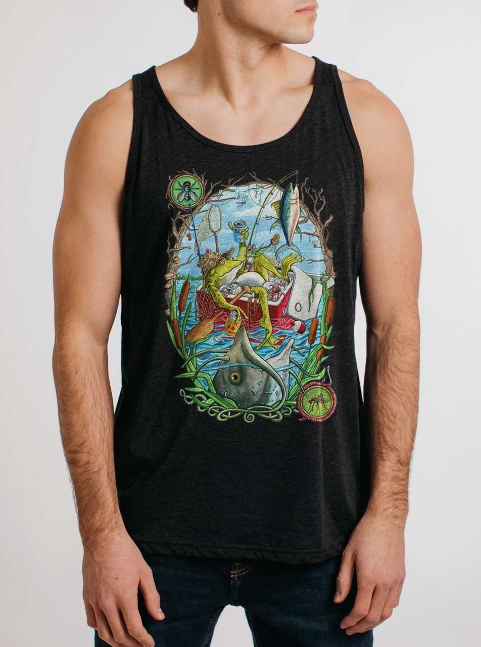 Fishing Frog - Multicolor On Heather Black Triblend Mens Tank Top
