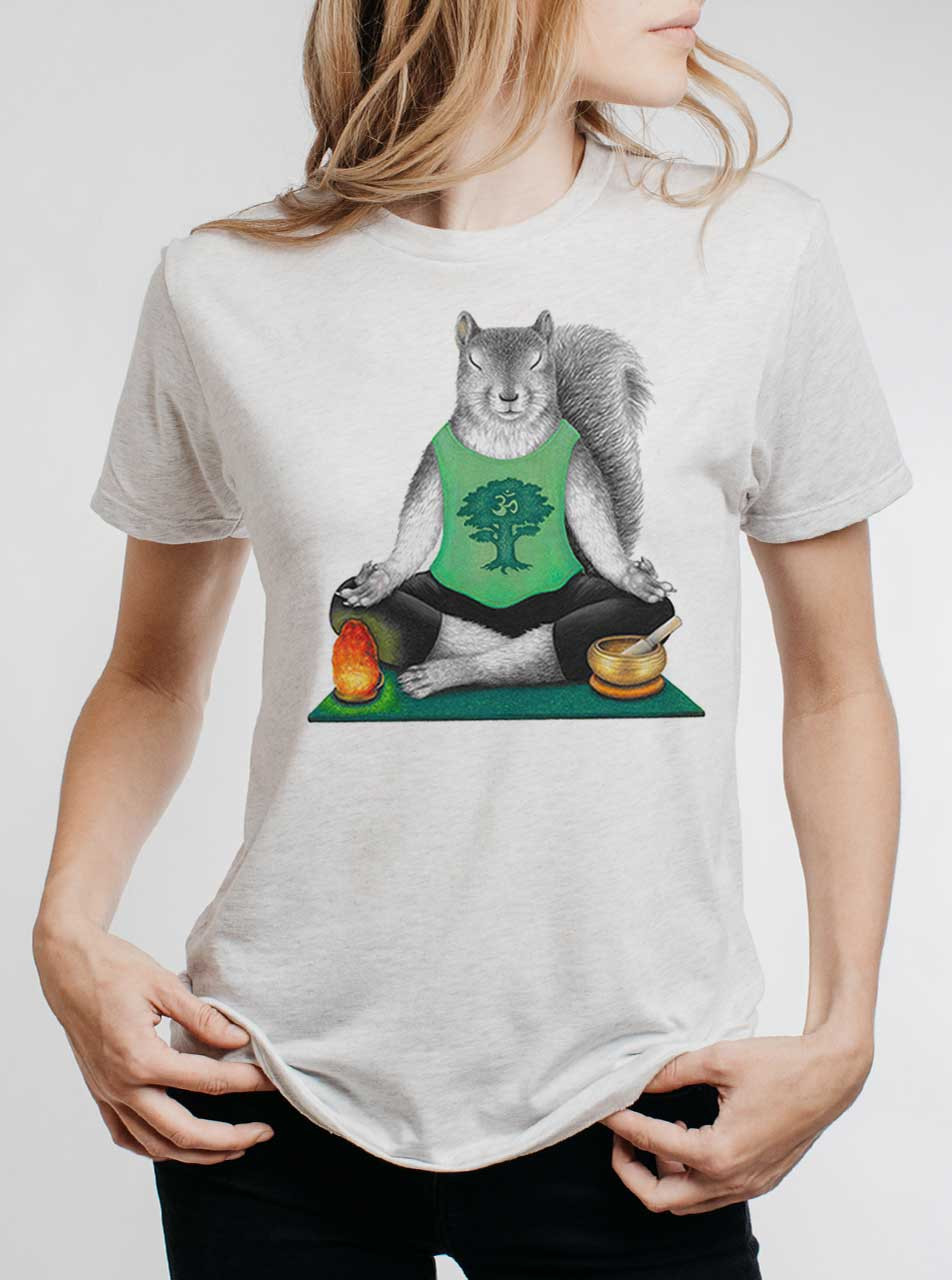 Yoga Squirrel - Multicolor on Heather White Triblend Womens Unisex T Shirt  - Curbside Clothing