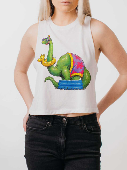 Dino Swim - Multicolor on White Womens Cropped Racerback Tank