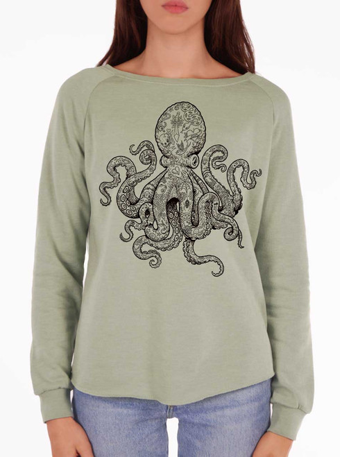 Tattooed Tentacles - Black on Sage Women's California Sweatshirt