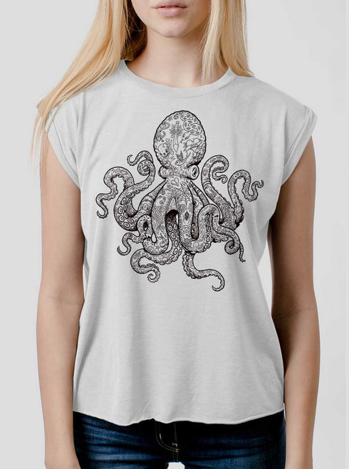 Tattooed Tentacles - Black on White Women's Rolled Cuff T-Shirt
