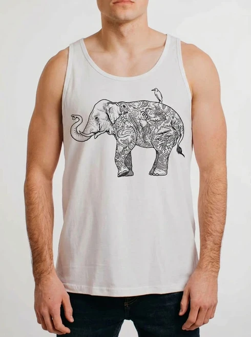 Inked Elephant - Multicolor on White Mens Tank Top