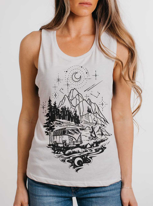Cosmic Campout - Black on White Womens Muscle Tank