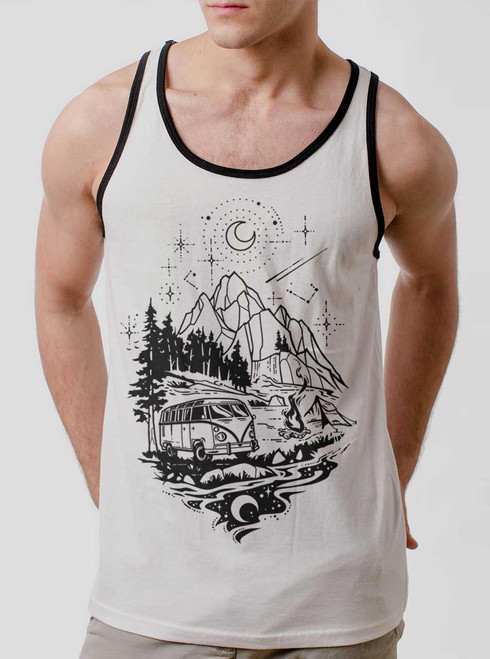 Cosmic Campout - Black on White with Black Mens Tank Top