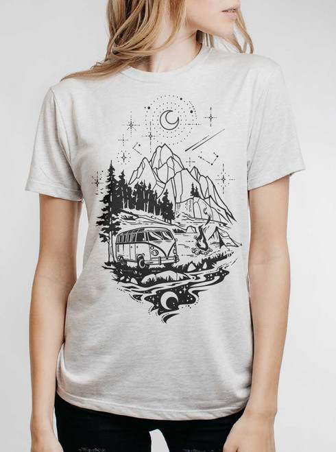 Cosmic Campout - Black on Heather White Triblend Womens Unisex T Shirt