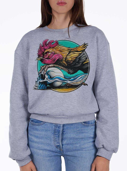 Rooster - Multicolor on Heather Grey Women's Balloon Sleeve Sweatshirt