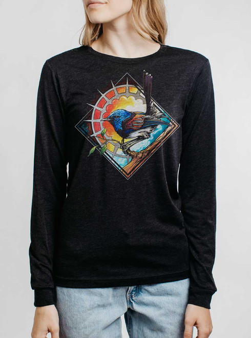 Blue Bird - Multicolor on Heather Black Triblend Womens Long Sleeve