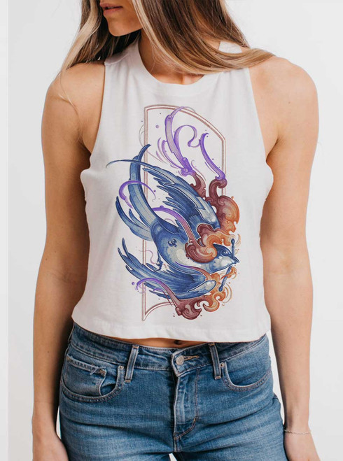 Firebird - Multicolor on White Womens Cropped Racerback Tank
