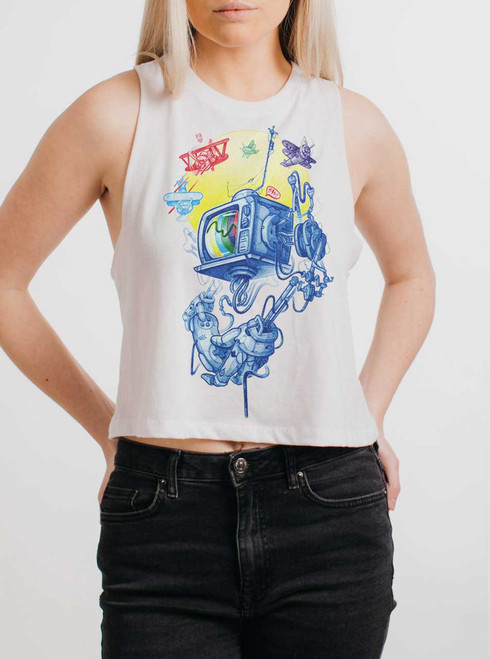 Controller - Multicolor on White Womens Cropped Racerback Tank