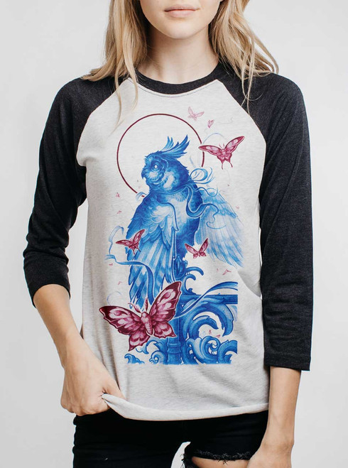 Owl and Moths - Multicolor on Heather White and Black Triblend Womens Raglan Owl and Moths - Multicolor on Heather White and Black Triblend Womens Raglan