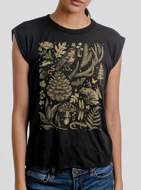 Into the Woods - Multicolor on Black Women's Rolled Cuff T-Shirt
