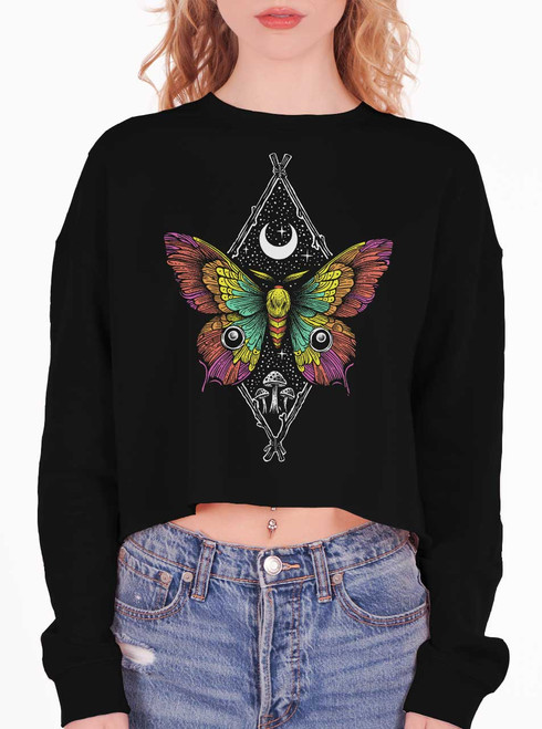 Butterfly - Multicolor on Black Women's Cropped Sweatshirt