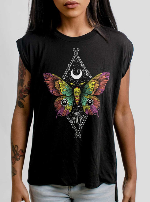 Butterfly - Multicolor on Black Women's Rolled Cuff T-Shirt