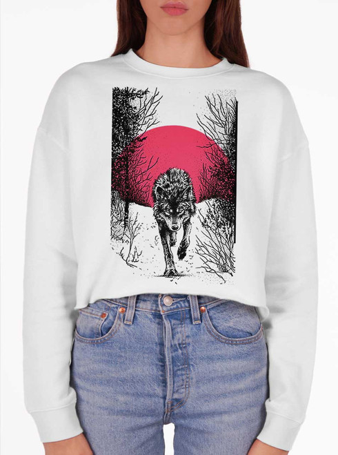 Grey Wolf - Multicolor on White Women's Cropped Sweatshirt