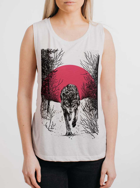Grey Wolf - Black on White Womens Muscle Tank