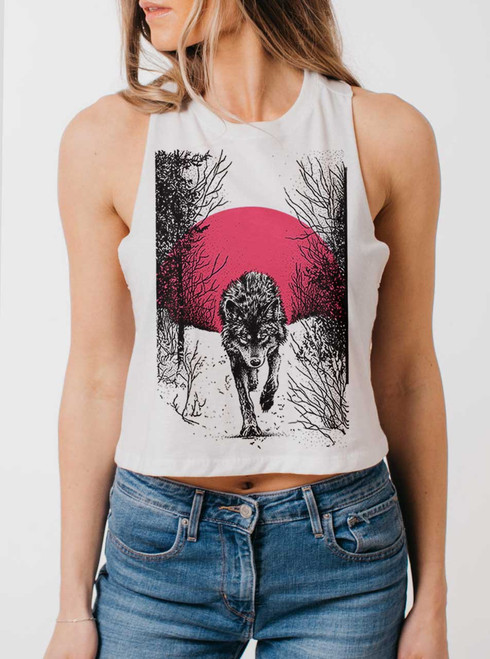Grey Wolf - Multicolor on White Womens Cropped Racerback Tank